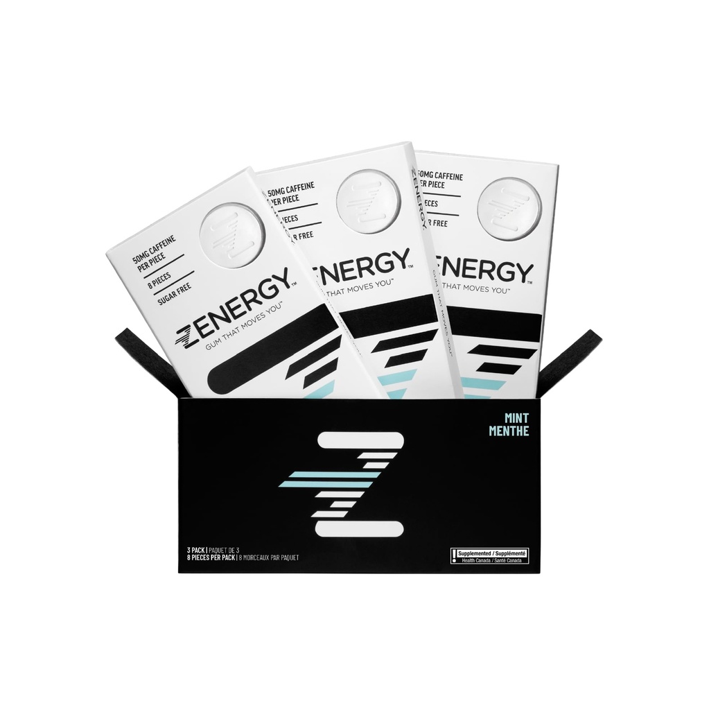 ZENERGY Energy Gum - Mint Flavor | 50mg Caffeine + 35% B6 and 45% B12 Vitamin | Vegan, 0 Sugar, 0 Calories, 0 Gluten, 0 Aspartame, Non-GMO, Instant Action | 3 Pack = 24 Count