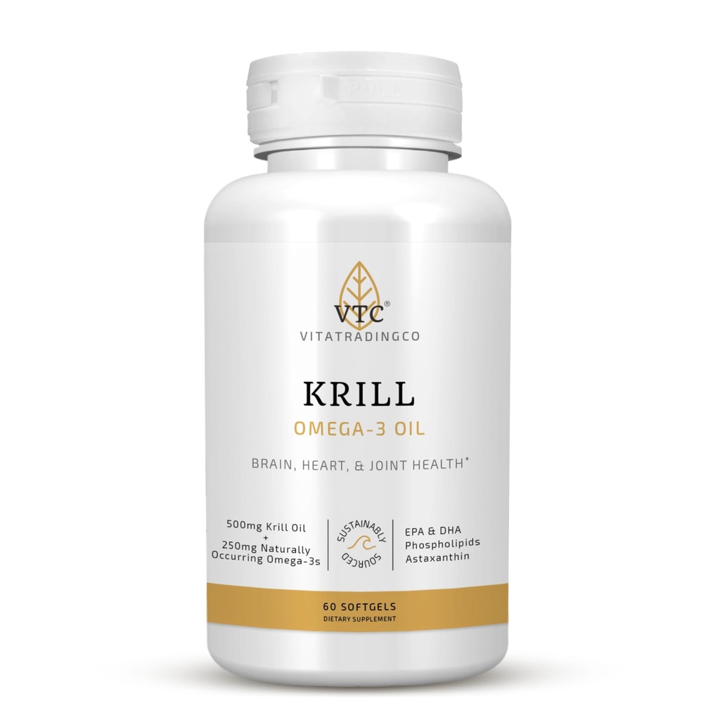VTC VitaTradingCo. Krill Omega-3 Oil Supplement | 100 mg Pure Antarktika Neptün Krill Oil (NKO) | EPA & DHA Astaxanthin | Beyin, Kalp, Ortak ve Göz Desteği | 60 Softgels