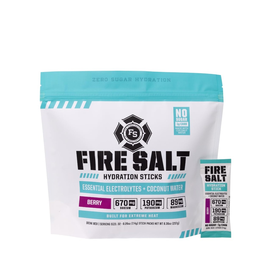 Fire Science Fire Salt Hydration Sticks, Electrolytes & Coconut Water, Hydration Drink Mix with Magnezyum, Pyum & sodyum, Zero Sugar, Single Serve On The Go Packs, Berry Flavor, 32 Count