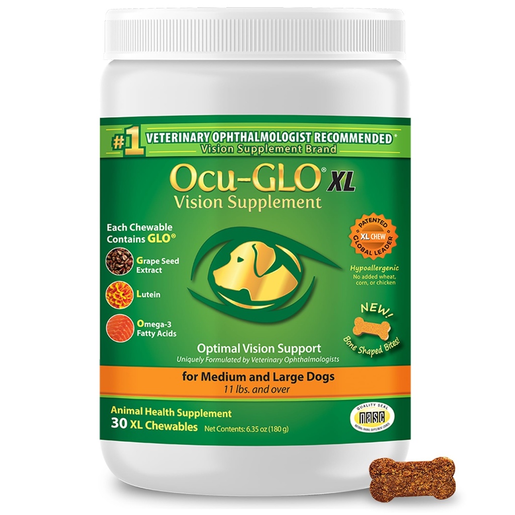 Ocu-GLO Cat & Dog for Eye Support - Chewable Vision Supplement for Large and Small Pets Care with Lutein, Omega-3 Fatty Acids, Grape Tohum Ekstraksiyon & Antioksis 30 XL Chewables