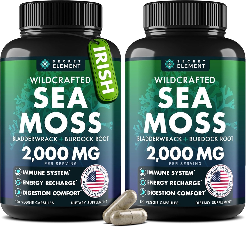 Sea Moss Capsules - İrlandalı Deniz Moss Burdock Root ile Gelişmiş, Immunity, Gut, & Energy - Superfood Sea Moss Supplements w/Raw Sea Moss Toz (2 Pack)