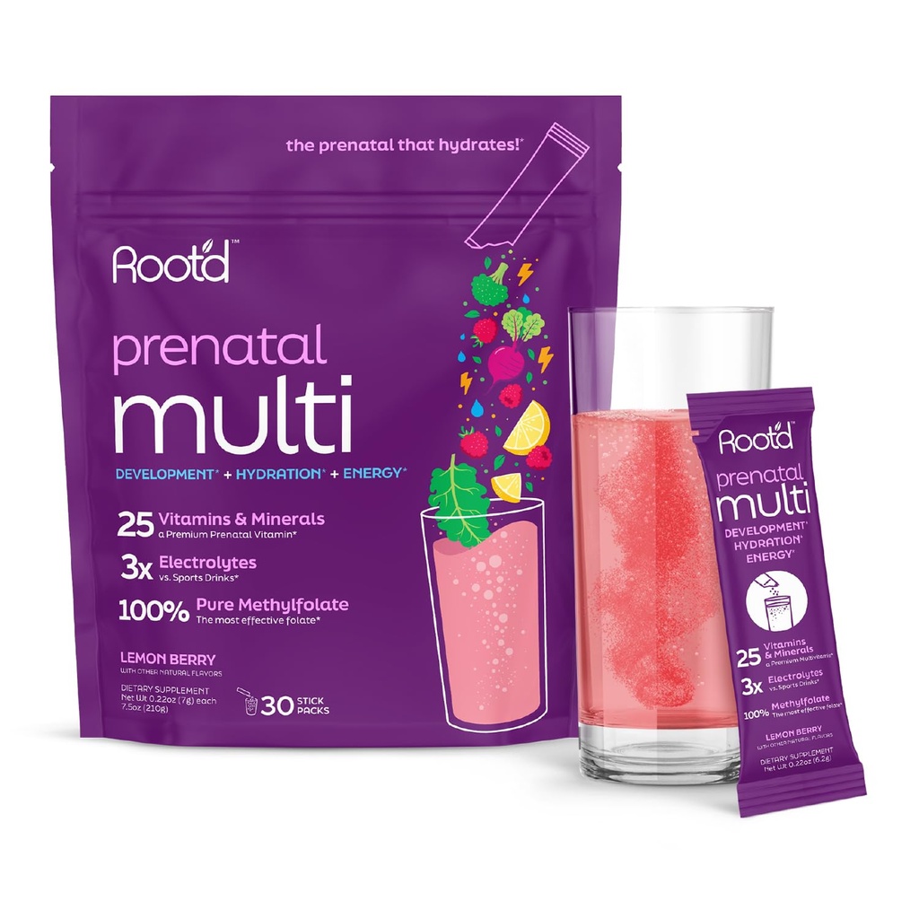 Root'd Prenatal Multivitamin Tozu - 3x Electrolytes, Folate, Iron, D3 for Mom & Baby, 7 Superfood & Probiyotiks, Sugar-Free Vitamins & Hydration | 30 Vitamin İçecek Paketleri
