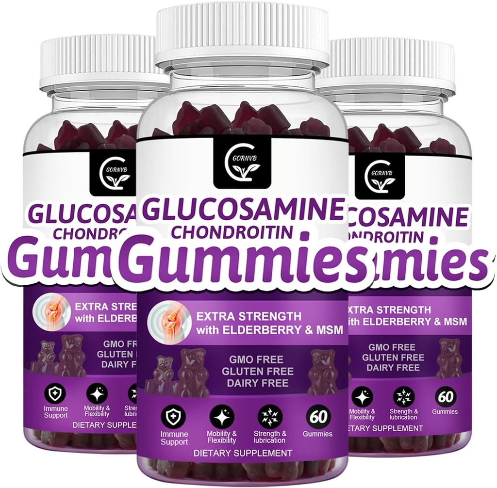 Glucosamine Chondroitin Gummies with MSM & Elderberry – Ekstra Güçlü Hareketlilik ve Flexability Support, Antioksi Immune Supplement for Yetişkinler, Men & Women - 60 Chondroitin Gummies (3 Pack)
