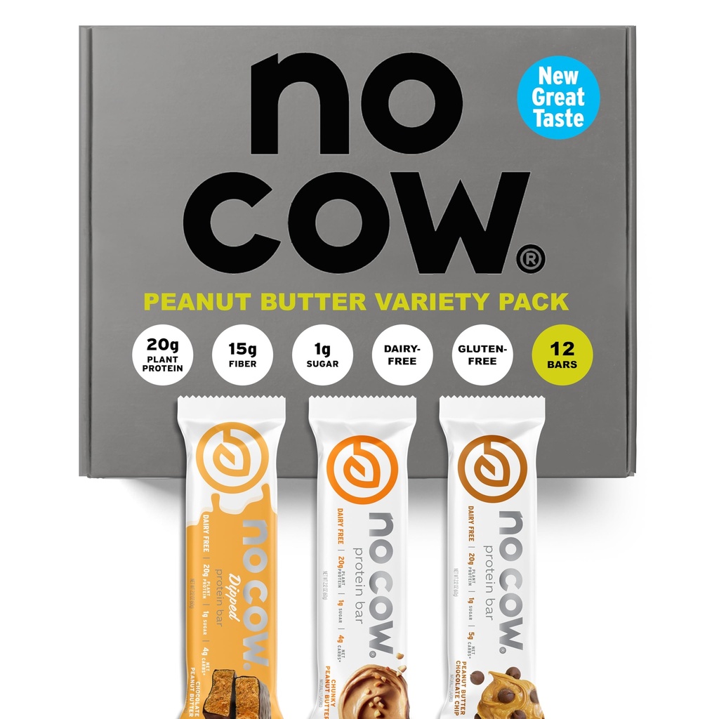 No Cow Vegan Protein Bars, Upgraded Peanut Butter Variety Pack | 20g Plant Based Protein, Gluten Free, Dairy Free, Soy Free, Keto Friendly, Low Sugar, High Fiber Snack Bars | Pack of 12