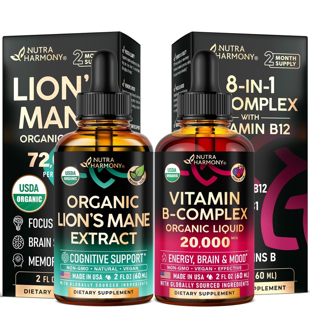 NUTRAHARMONY Organic Vitamin B-Complex & Organic Lions Mane Drops