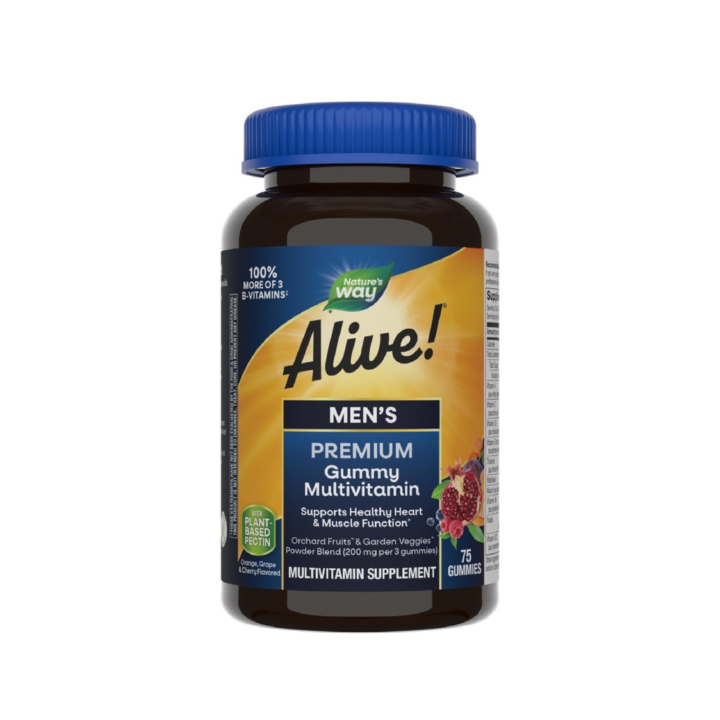 Doğanın Yolu Alive! Erkekler Premium Gummy Multivitamin, Sağlıklı Kalp, Kas Fonksiyonlu*, Full B-Vitamin Kompleksi, Orange, Grape, Cherry Flavored, 75 Gummies (Pazar Mayıs Vary)