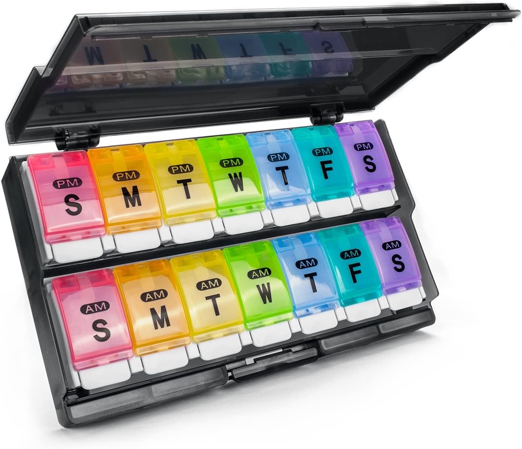 Ekstra Büyük Haftalık Pill Organizer 2 Times a Day - Remtise Am/Pm Daily Pill Case Medicine Organizer, Push Düğme 7 Day Pill Box for Pills/Vitamin/Cod Liver Oil /Supplements (Rainbow)