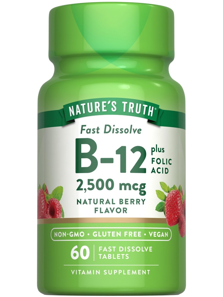 Nature's Truth B12 Vitamin | 60 Hızlı Dissolve Tabletler | 2500 mcg | Folic Acid | Vegan, Non-GMO & Gluten Free