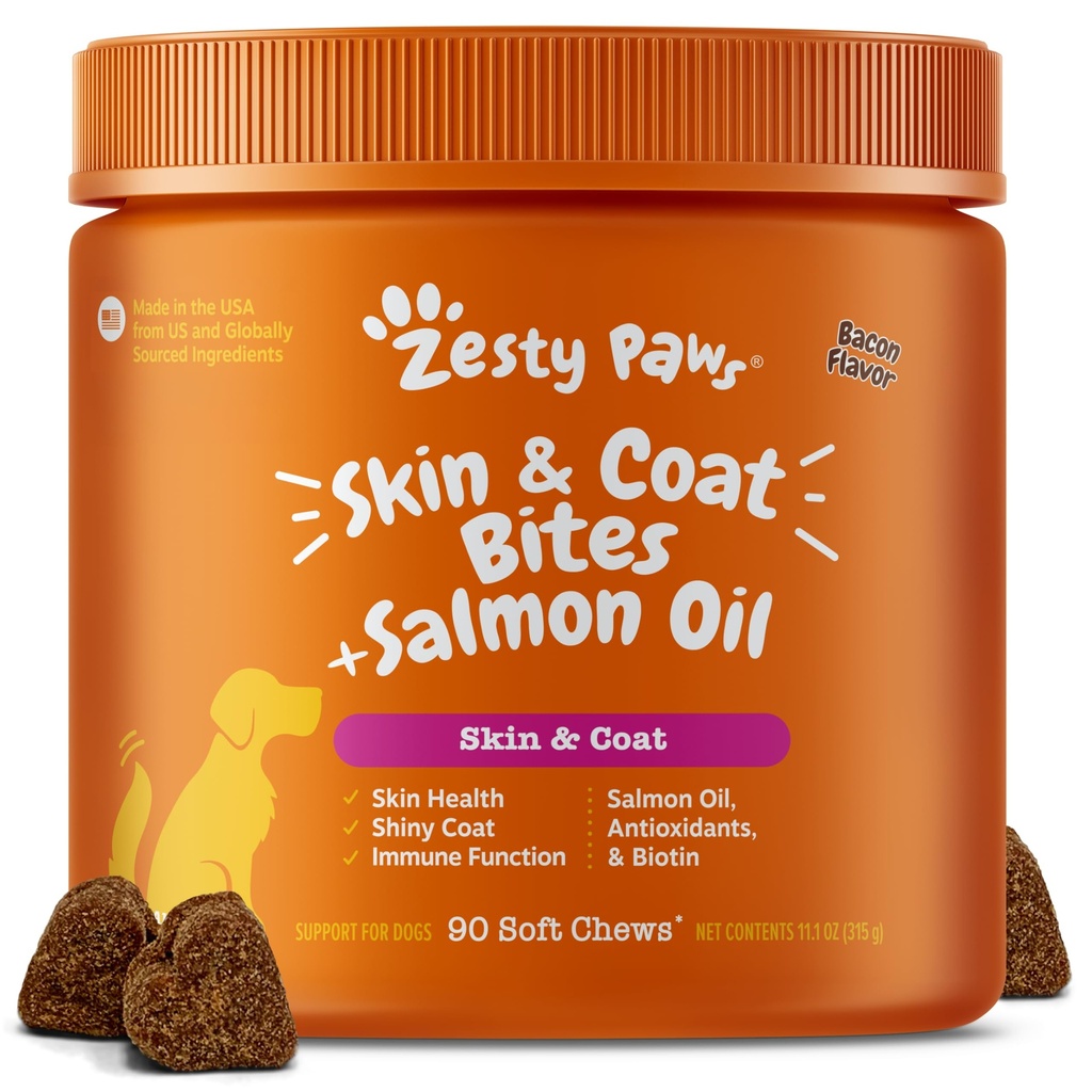 Zesty Paws Omega 3 Balık Yağı Köpekler için - Zesty Paw Köpek Vitaminleri ve Hip, Ortak & Skin, Bacon (90 Chews)