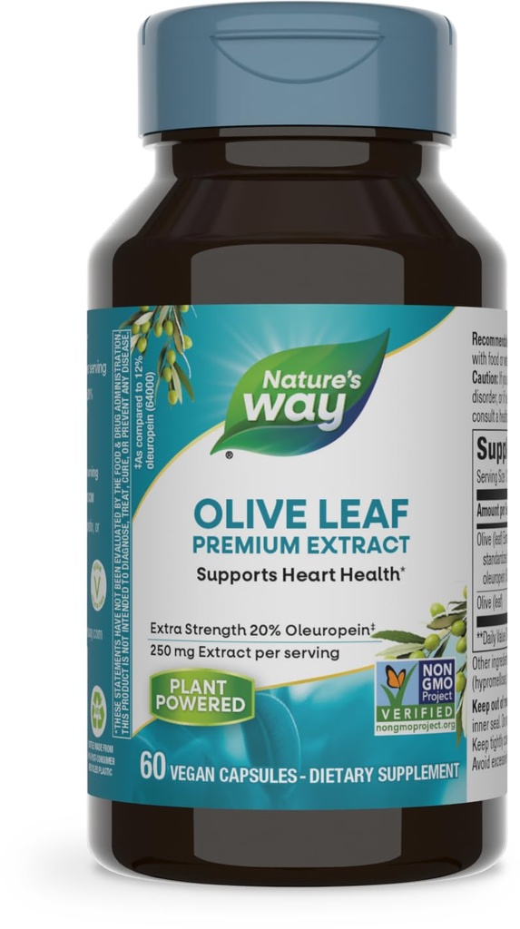 Nature's Way Olive Leaf, Premium Extract, Supports Heart Health*,% 20 Ol Europein, 250 mg hizmet başına, Non-GMO Projesi Doğrulandı, 60 Vegan Capsules (Pazar Mayıs Vary)