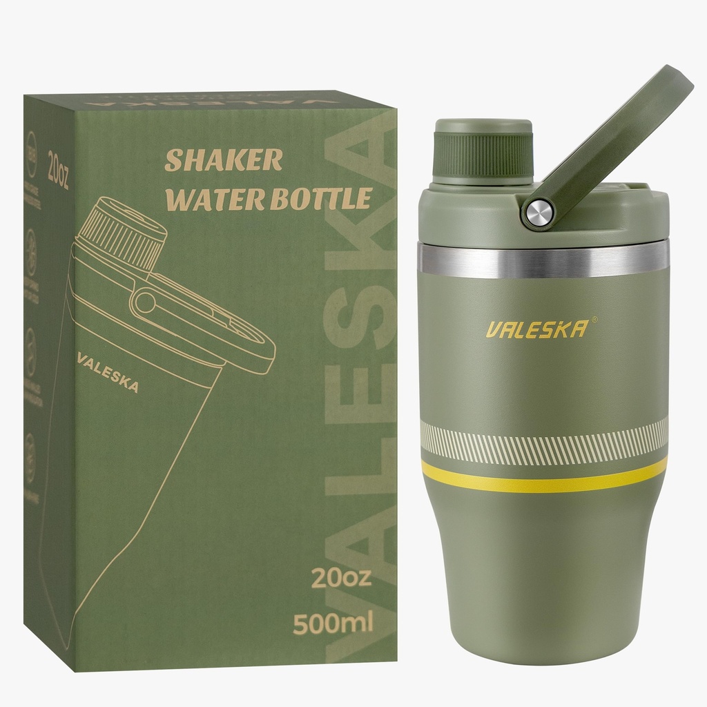 VALESKA Protein Shaker Bottle | 20oz Insulated Stainless Steel Protein Shaker, BPA Free, Leak Proof, Dishwasher Safe, Perfect for Protein Shakes and Pre Workout | Green