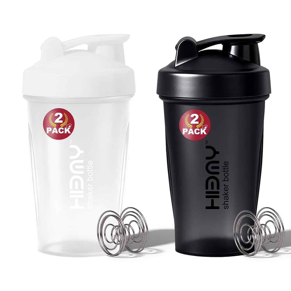 [ 2 Pack 400 ml / 12 OZ Protein Shaker Bottles for Protein Mixes, 2 x Whisk Ball | Shaker Cups for Protein Shakes | BPA Free, 100% Leak Proof, No Smell | Small Shake Bottle (A) Black/White
