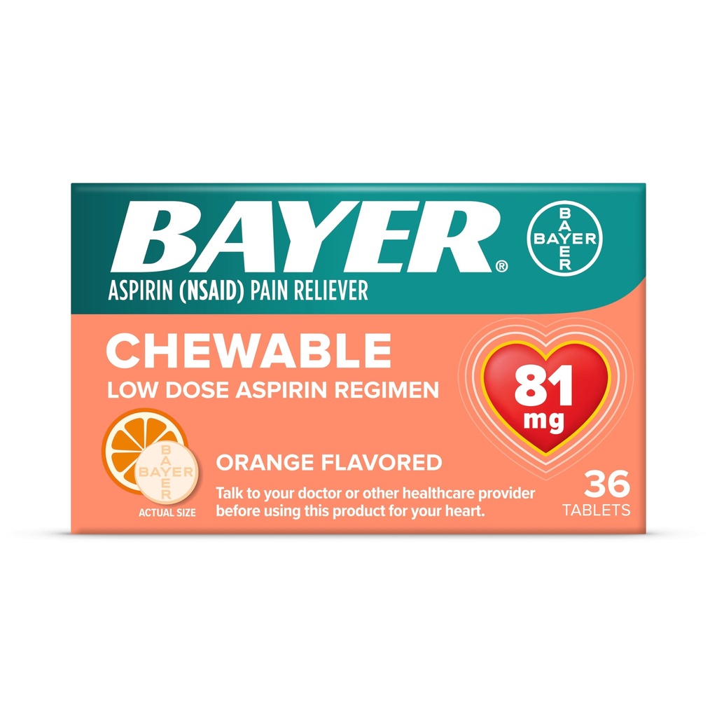 Bayer Chewable Low Dose Aspirin Orange - Value Pack, 36-Count Chewable Tablets (Pack of 9)