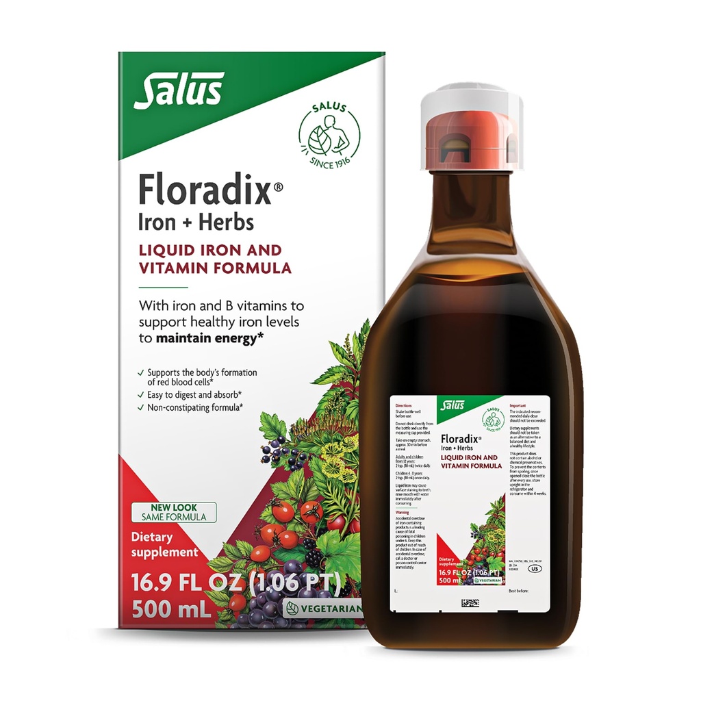 Floradix Iron & Herbs - Enerji Desteği için Sıvı Herbal Supplement - C & Vitamin B Kompleksi - Erkekler ve Kadınlar için - 16.9 fl ozz