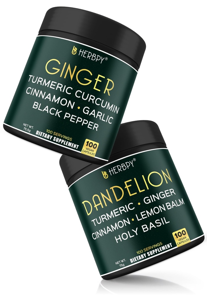Herbpy Bundle 5in1 Ginger Supplements 755mg/serving (100 Capsules) & 6in1 Dandelion Root Supplement 750mg/serving (100 Capsules)