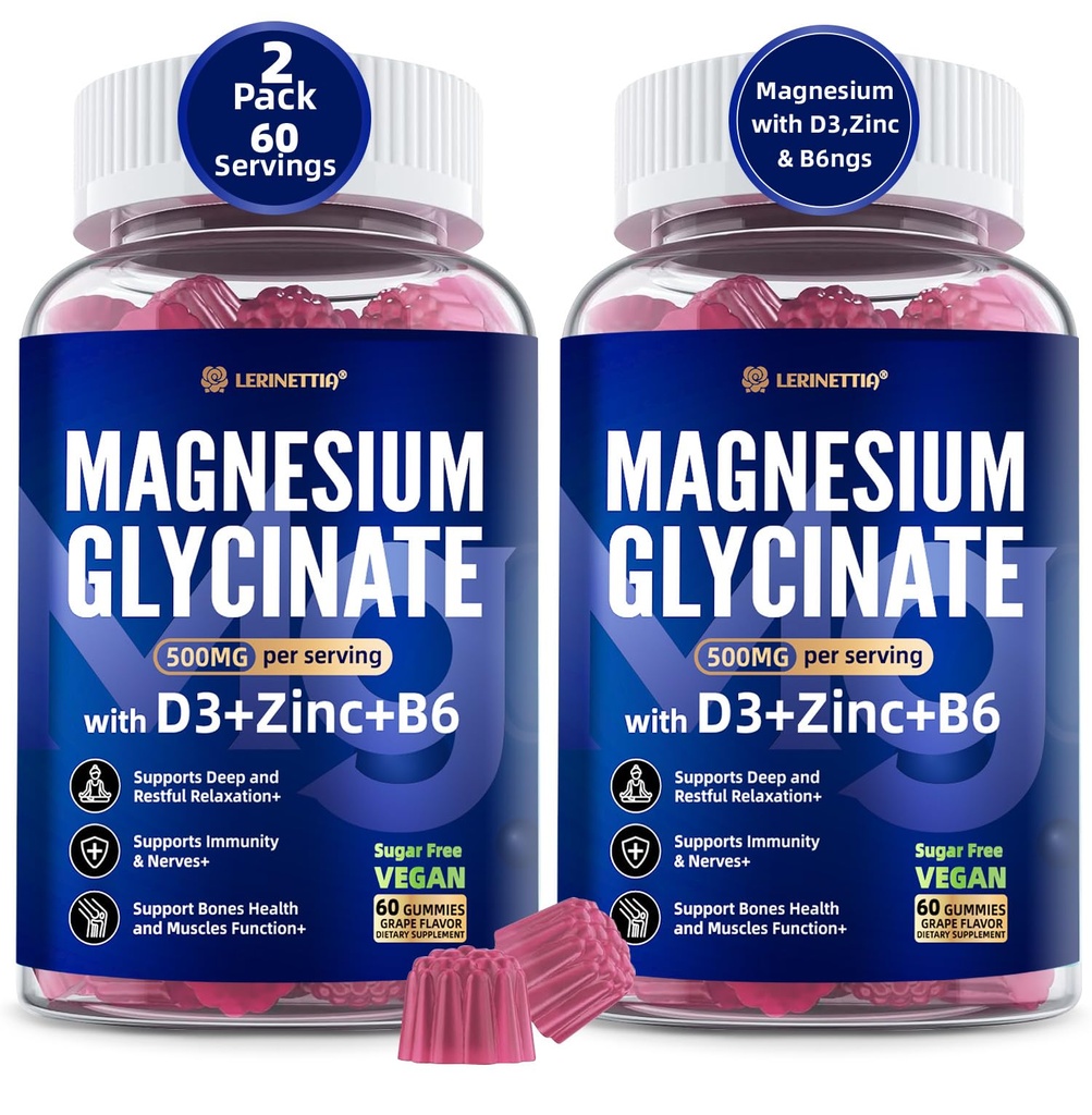 Magnezyum Glycinate 500 mg/250 mg for Yetişkinler için - Plus D3,B6 & çinko - Magnezyum Glycinate Gummies, Yüksek Aborpsiyon - Rahatlama için Destek,Brain,Bone & Immunity Health - Sugar Free - 120Cts
