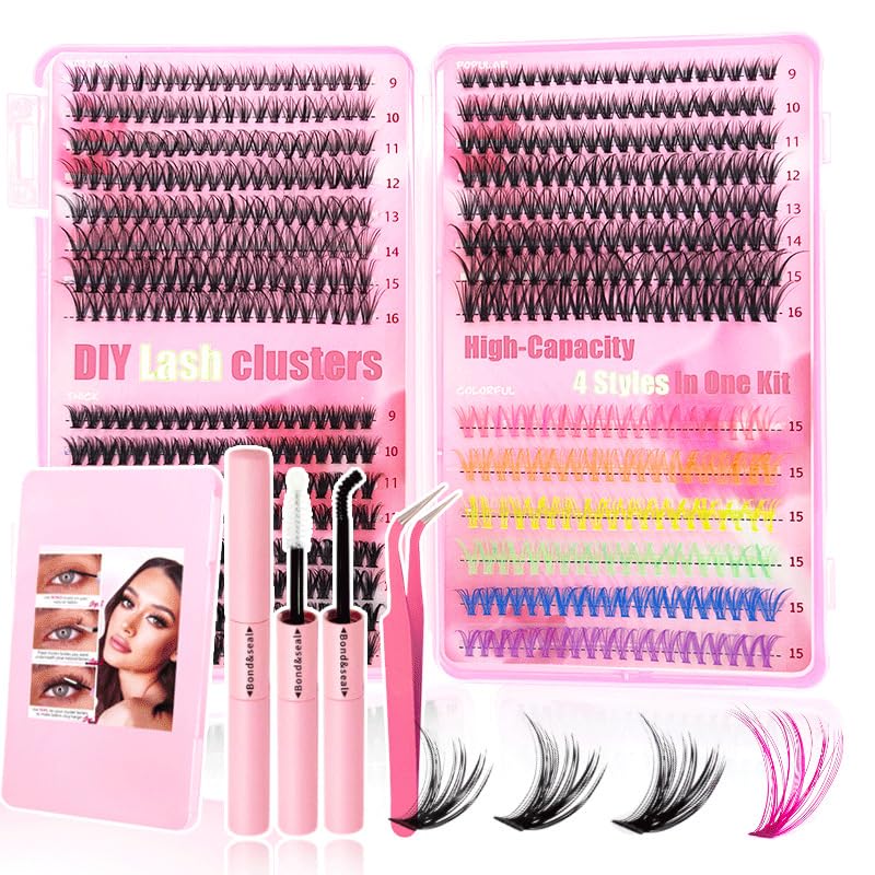 Lash Extension Kit DIY Clusters: 30D+40D+50D Mixed 9-16mm Reusable Soft Individual Lashes with Bond and Seal - Natural Look Eyelash Extensions for Beginners - Strong Hold 72H Waterproof