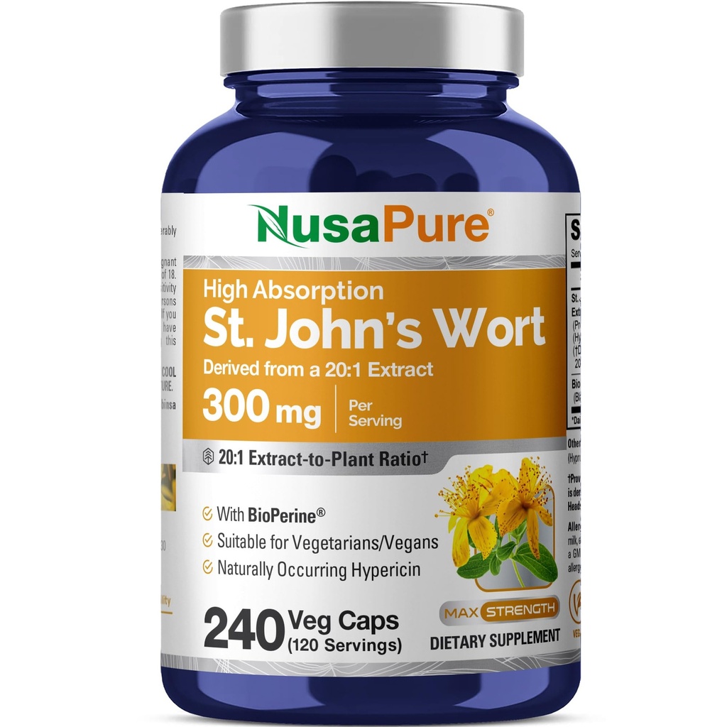 NusaPure St. John's Wort 20:1 Ekstraksiyon, 300 mg 6.000 mg 240 Veggie Capsules (Vegetarian, Non-GMO) Bioperine