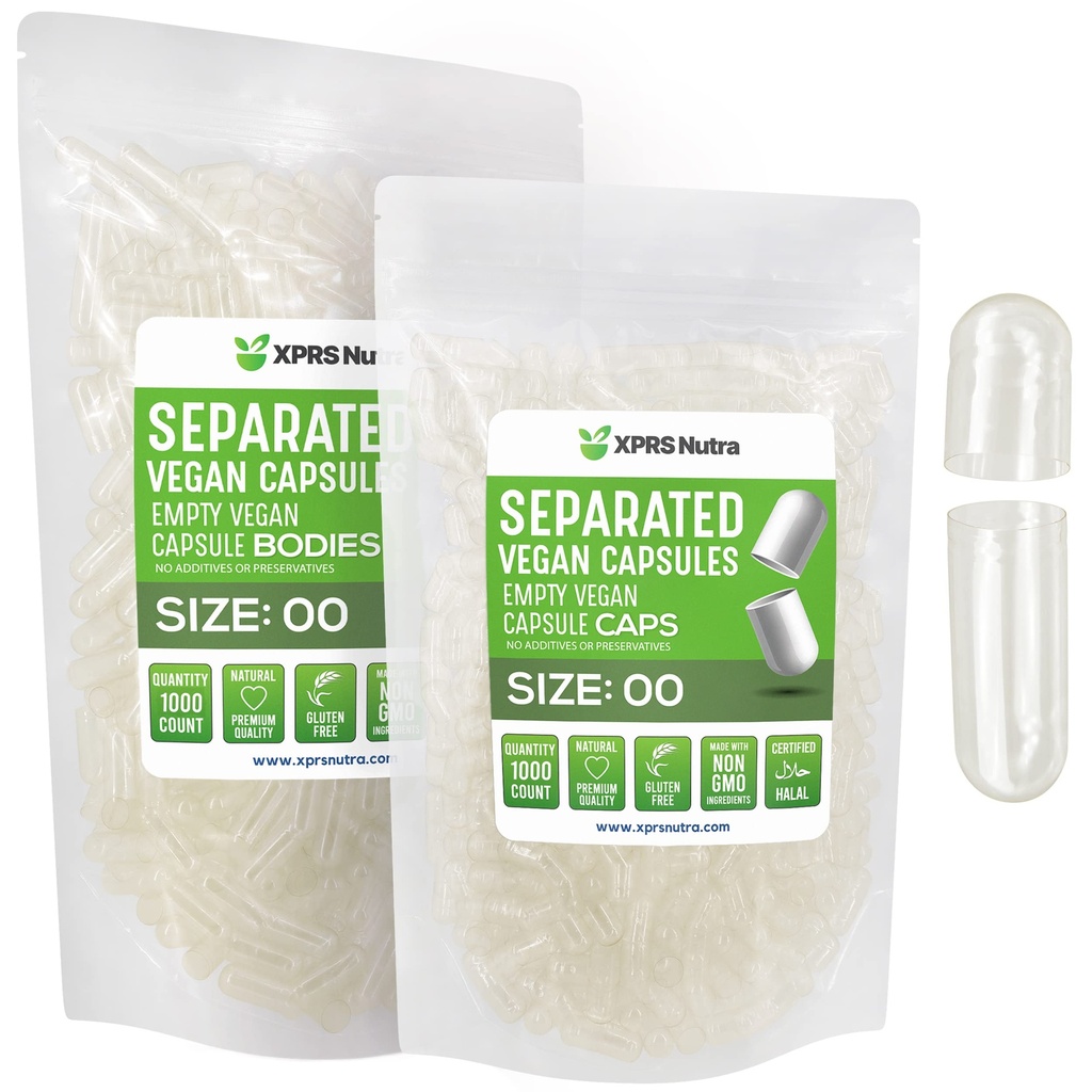 XPRS Nutra Vegan Boyutu 00 Ayrılı Kapsüller - 1000 Kont Premium Boş Kapsüller Çantada Ayrıştı - DIY Supplement için Clear Boş 00 Pills