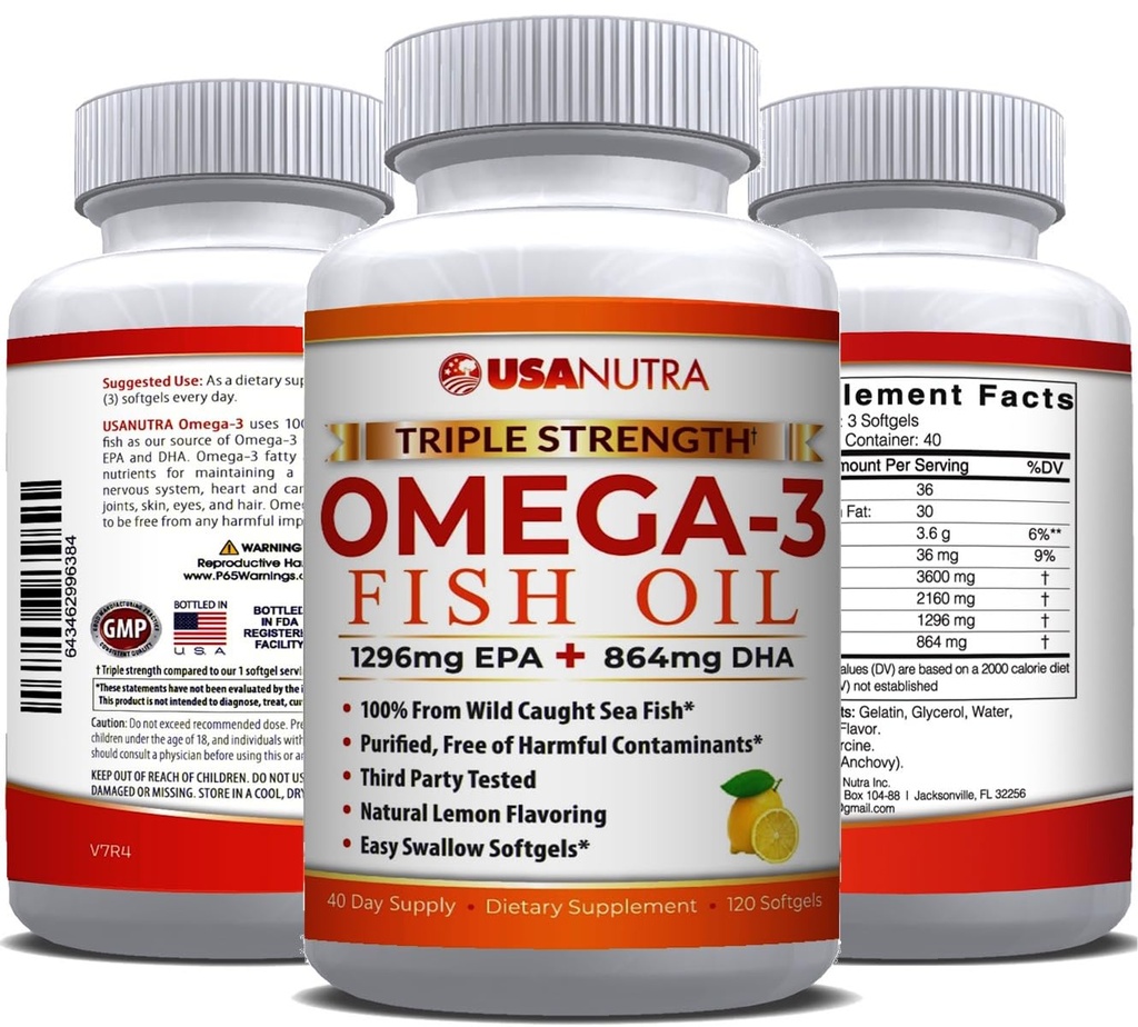 Omega 3 Fish Oil Supplement 3600 mg with EPA and DHA for Women and Men Supports Joint, Brain and Heart Health 120 Softgels, 40 Day Supply Health