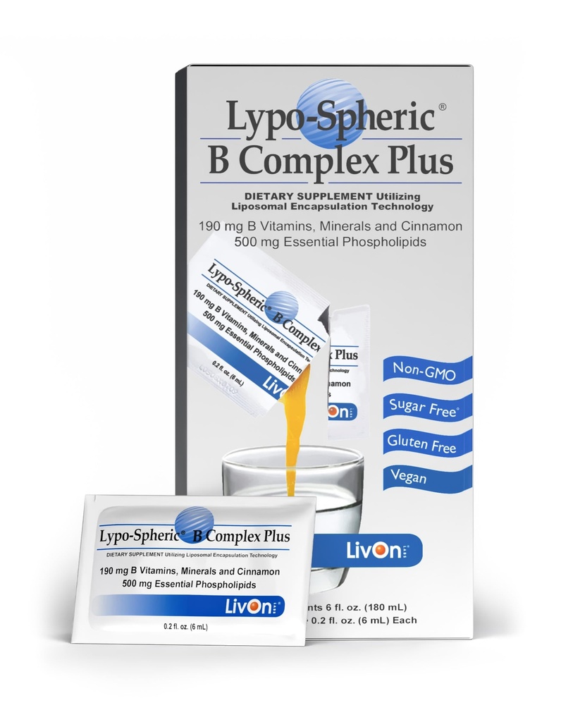 LivOn Laboratories Lypo-Spheric B Complex Plus – 30 Packets – 195 mg B Vitaminleri, Minerals & Cinnamon Per Packet – Liposome Encapsated for Improv Abxia – 100% Non-GMOMO