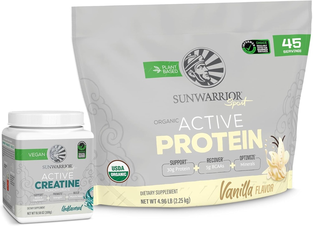 Sunwarrior Aktif Organik Protein Toz Santrale Dayalı Vanilla Flavored 45 Servisler & Kretin Monohidrat Toz 60 Hizmetler