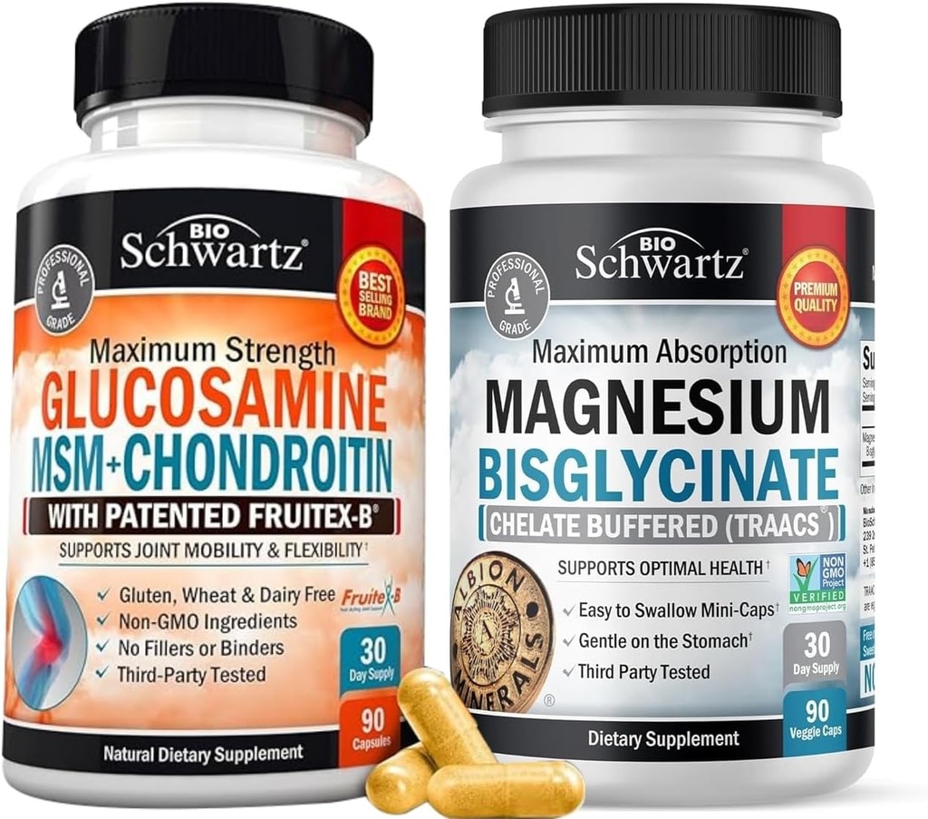 Yüksek Abxia Magnezyum Bisglycinate Capsules (1 Ay Supply) Plus Glucosamine Chondroitin MSM Triple Strength Ortak Destek Supplement (1 Ay Supply)