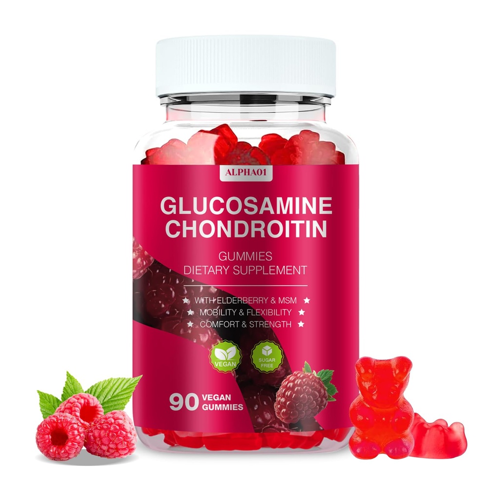 Glucosamine Chondroitin Gummies - 3000MG Ekstra Güçlü Ortak Destek Tamam MSM & Elderberry, Flexability, Antioksi Immune Support Gummy for Yetişkinler, Men & Women - 90 Raspberry Gummies