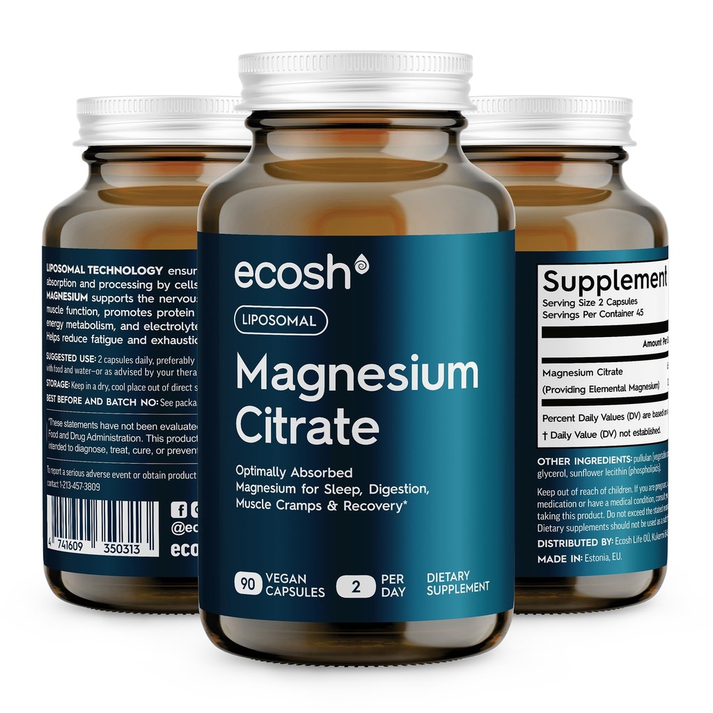 Liposomal Magnezyum Citrate Capsules - Yüksek Absiyon Eklenme, Uyku, Kas Cramps & Recovery | Yüksek Potency Mg | Easy to Swallow Veg Capsules | Non-GMO | 90 ct