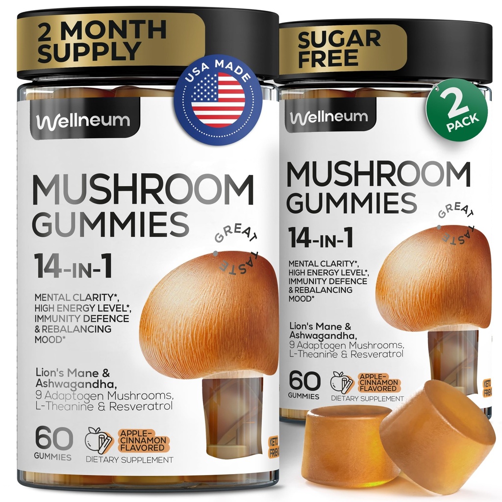 Mushroom Gummies 5000 Mg 120 Adet (2 Pack) - Lion's Mane ve 9 Adaptojenik Mushrooms Meeting - Ashwagandha, L-Theanine - Mushroom Gummies for Energy, Immunity, Focus, Brain Boost - No Sugar and GMO