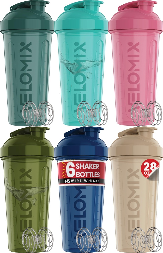 VELOMIX -6 PACK- 28 oz Protein Shaker Bottle for Protein Mixes -6x Wire Whisk | Leak Proof Shaker Cups for Protein Shakes | Large, Stackable Protein Shaker Bottle Pack (Turquoise to Pink)