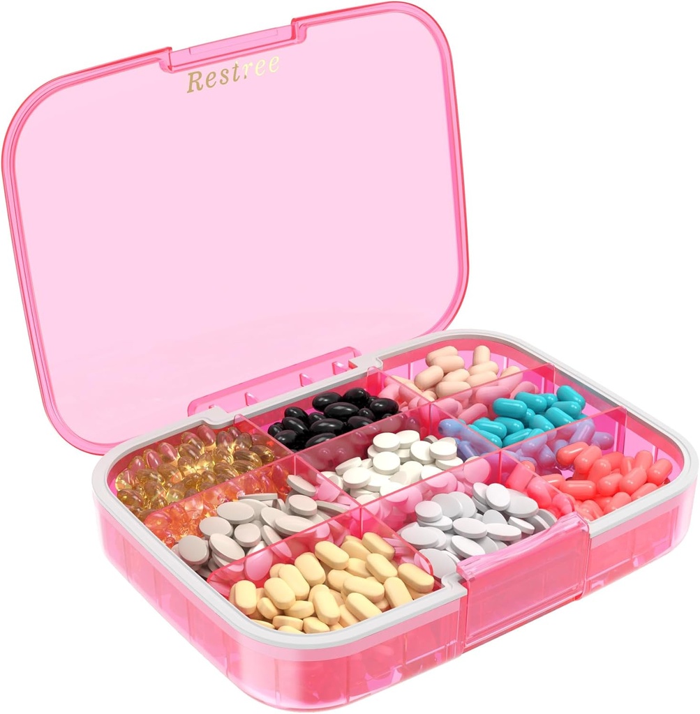 Restree Large Pill Organizer, Moisture Kanıt & Sular Seyahat Pill Case, Portatif İlaç Kutuları Vitaminler için Ayarlanabilir Kan Yağı ve Günlük Pills 9 Karşılaştırma (Pink)