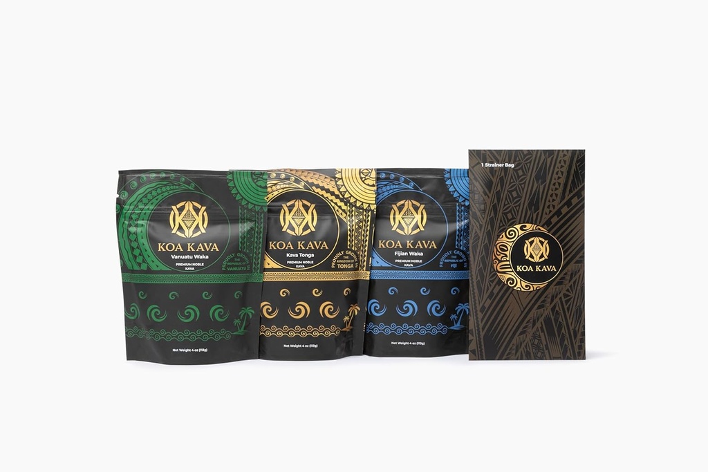 Koa Kava Premium Örnek Kit: Medium Grind Tongan, Vanuatu Waka ve Fijian Waka Kava Toz