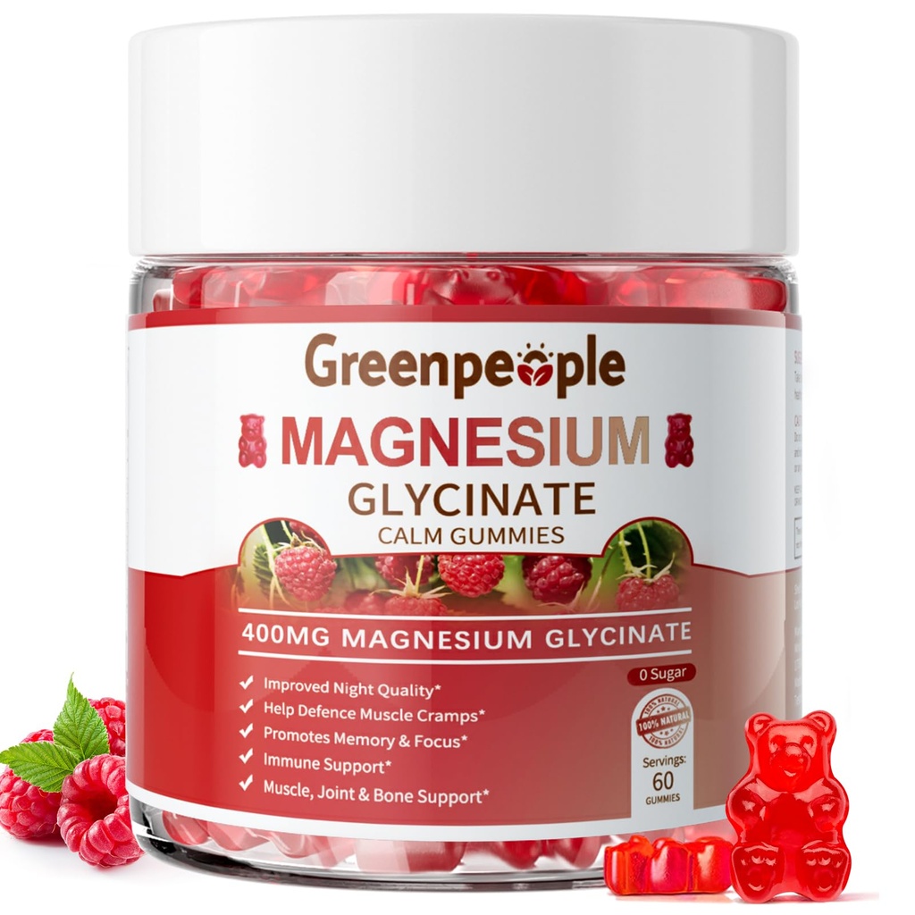 GREENPEOPLE Magnezyum Glycinate Gummies 400 mg - Sugar Free P Magnezyumyumu Magnezyum Malate, Vitamin D, B6 ve CoQ10 Calm Desteği ve Yetişkinler için Uyku - Raspberry Gummies