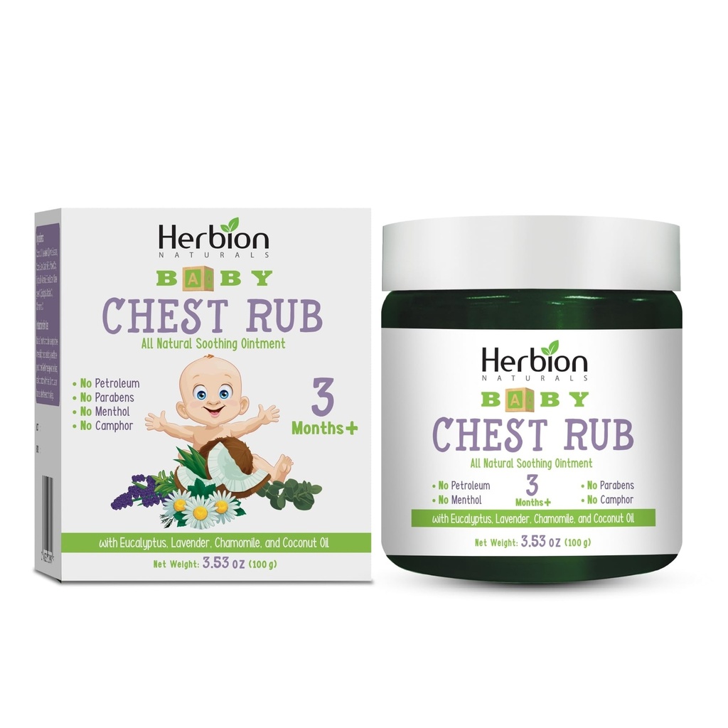 HERBION Naturals Baby Chest Rub, Ages 3 Months+, All-Natural Soothing Ointment with Coconut Oil, Eucalyptus, Lavender, Chamomile, Shea Butter, Petroleum & Menthol-Free, Non-GMO, 3.53 Oz, Pack of 1