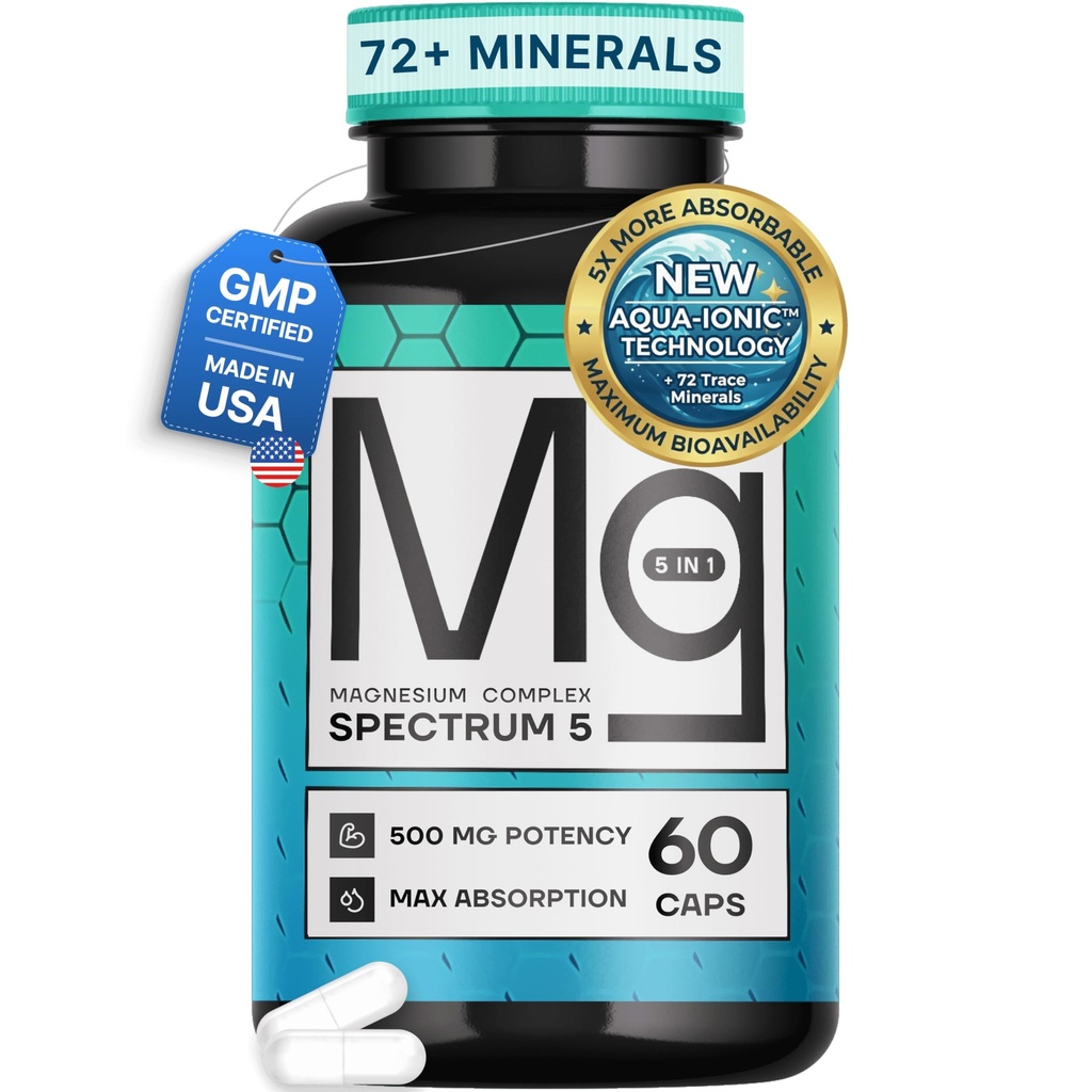 Spectrum 5 Magnezyum | 5-in-1 Kompleksi + 72 Trace Mineralleri Gelişmiş Abhidrasyon | İrlanda Deniz Kaynağı | ABD'de 500 mg, Üçüncü Parti Test Edildi, GMP Onaylandı