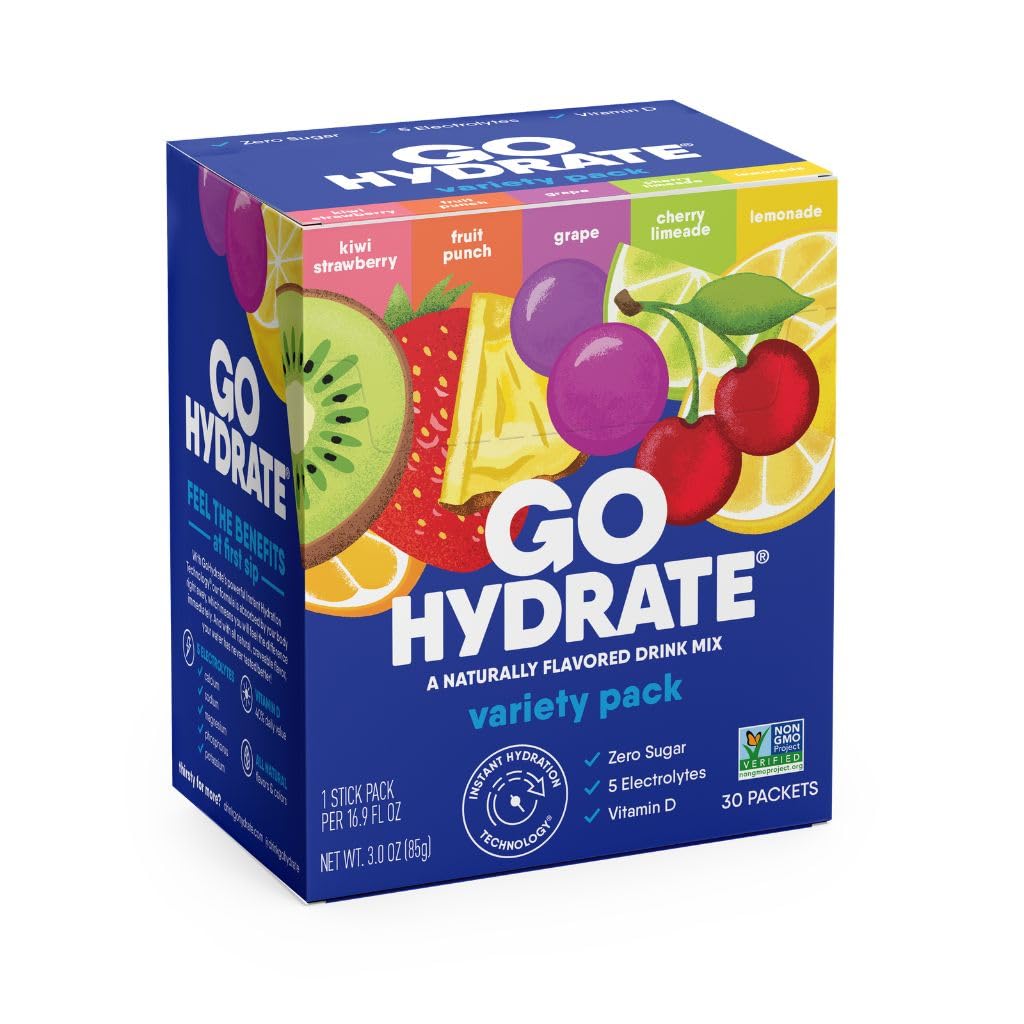 GoHydrate Low sodyum Electrolytes Toz Paketleri Sugar Free - Instant Hydration Daily Drink Mix - Zero Sugar Water Flavor Packet Singles with Vitamin D - (Variety Pack, 30 Packs)