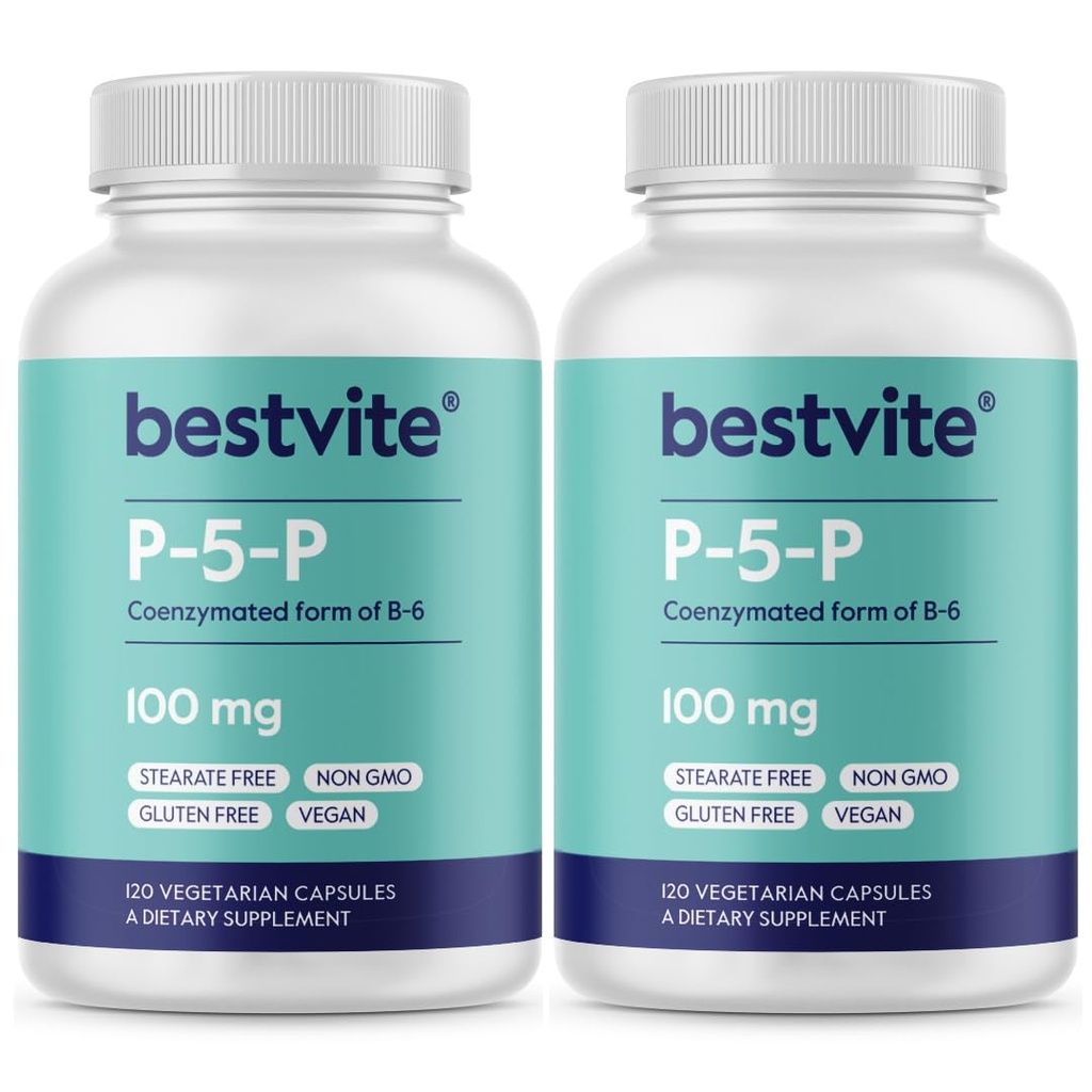 BESTVITE P-5-P 100 mg (240 Vejetaryen Capsules) (120 x 2) (CoEnzymated Form of B-6) - No Stearates - Vegan - Non GMO - Gluten Free