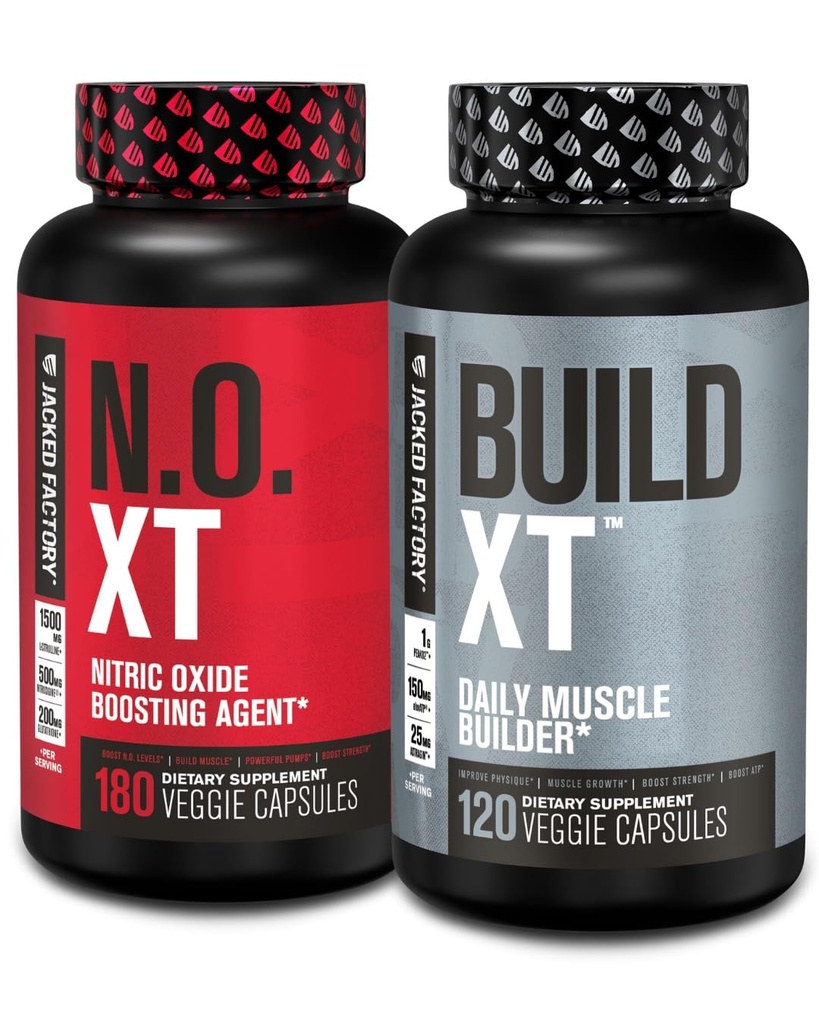 Jacked Factory Muscle Builder Supplement Stack - Build-XT Muscle Builder & N.O. XT Nitrik Oksit Çift Destek için Ajanı Güçlendirme (60 Day Supply)