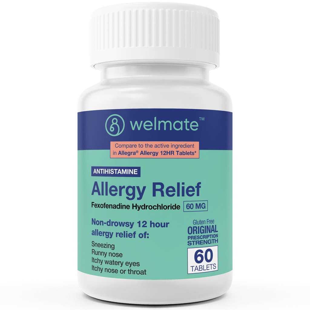 WELMATE - Fexofenadine Hydrochloride 60mg (60 Tablets) - Non Drowsy Allergy Medicine - 12 Hours - Antihistamine - Nose, Eyes, Throat - Generic Allergy Pills - Gluten Free - Over-the-Counter Medication