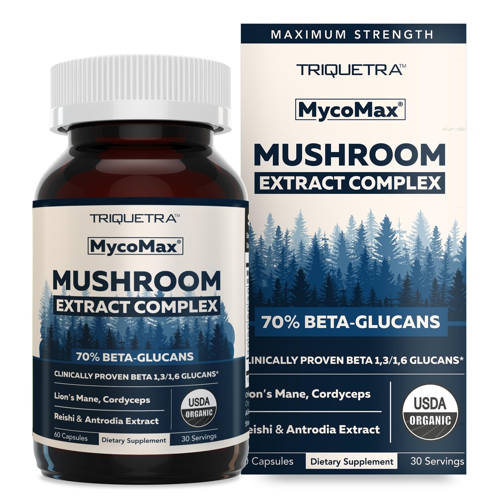 MycoMax Mushroom Kompleksi -% 70 Beta Glucans, Max Potency Mushroom Supplement, US Grown + Ultrasonik Ekstra - Lions Mane, Cordyceps, Reishi & More - Cognition, Immunity, Enerji - 60 kapsül