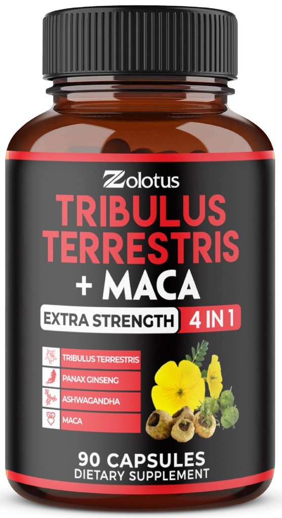 Zolotus Premium Tribulus Terrestris Capsules - Ashwagandha, Panax BTC & Maca - 3 Ay için 90 Sayı