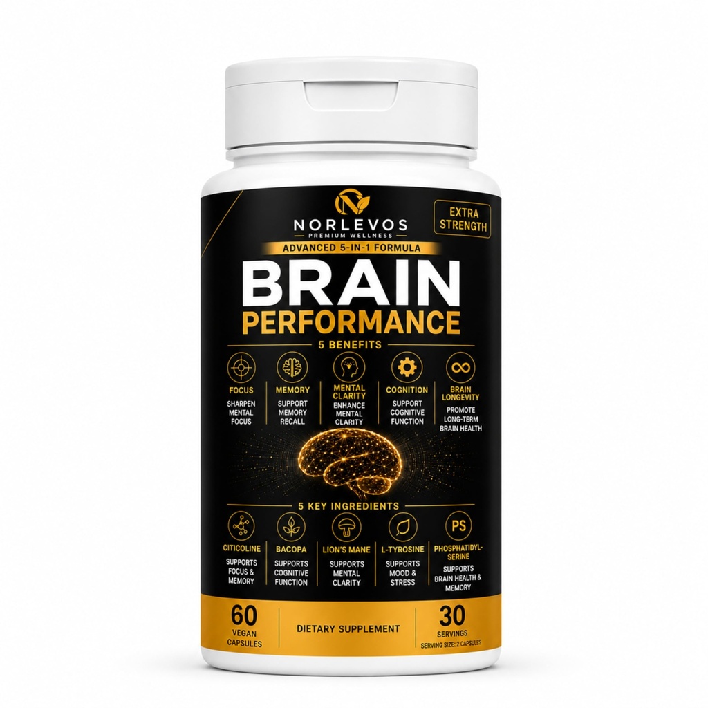 Advanced 5-in-1 Brain Performance Formula –Cognitive Support for Focus, Memory & Mental Clarity-Citicoline, Bacopa Monnieri, Lion's Mane Mushroom, L-Tyrosine– 60 Vegan Capsules