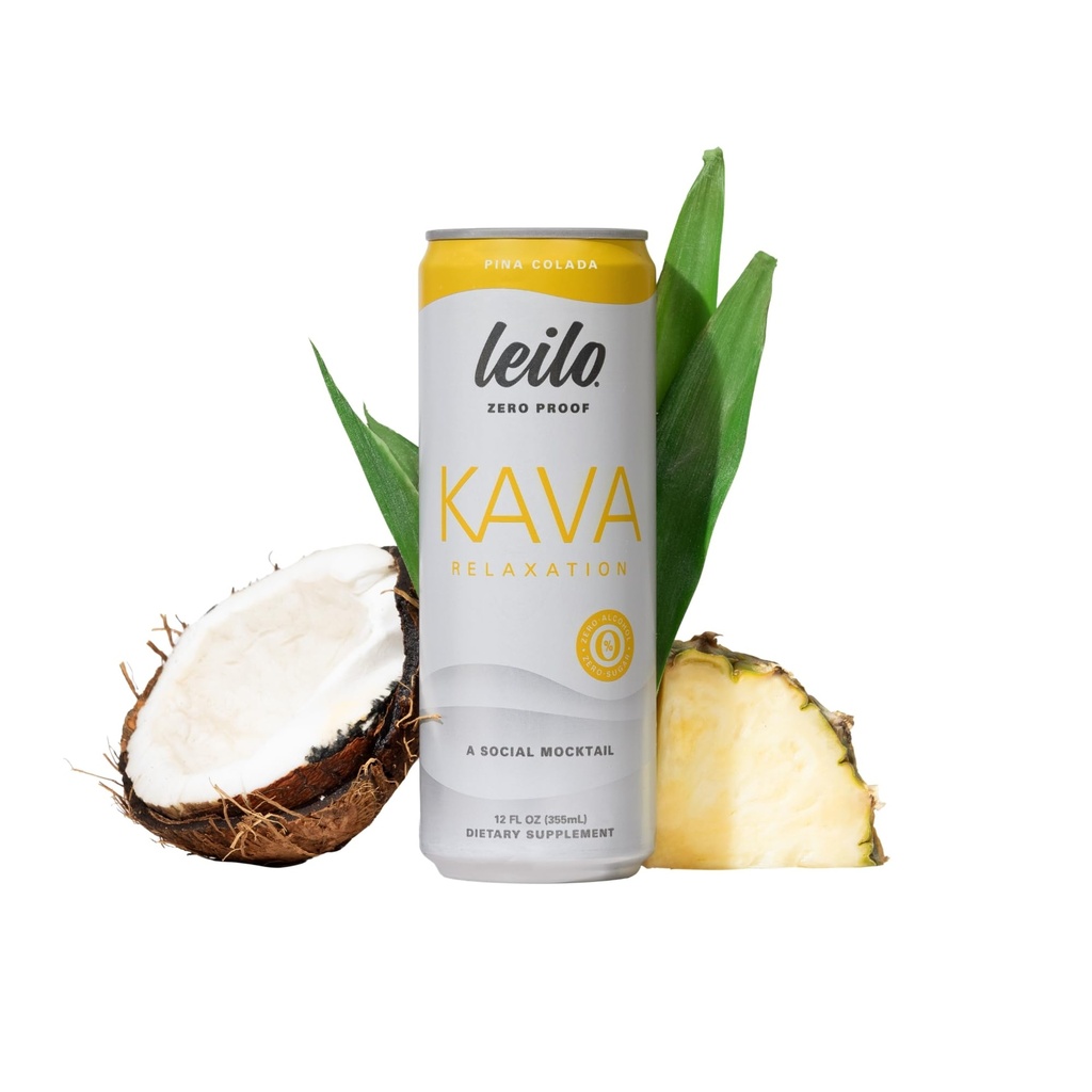 LEILO | Kava Support Pina Colada Mocktail Drink | 12Pack - Sugar-Free & Non-ALC Fonksiyonel Rahatlama Desteği | 12 fl oz Cans (Pack of 12)