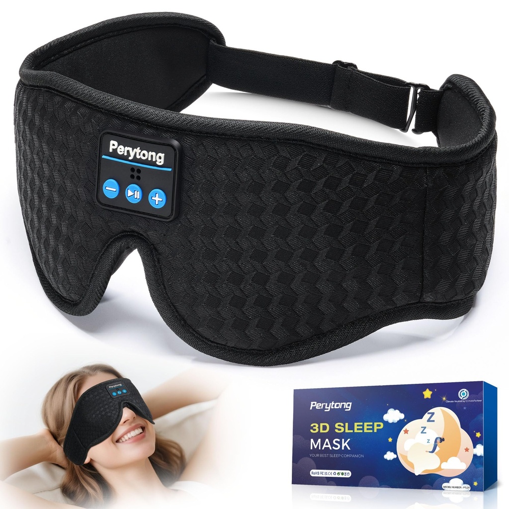 Perytong Sleep Mask with Bluetooth 5.4 Headphones, Wireless Sleep Eye Mask for Side Sleepers, 3D Contoured Comfort & Built-in HD Stereo Earphones, Blackout for Travel (Carbon Black)