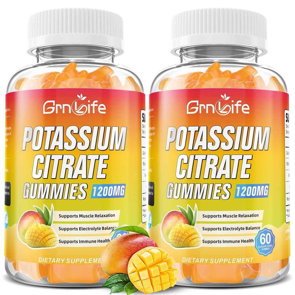 Potasyum Gummies, Yüksek Potasyum Supplement Gummies 1200 mg Destek Leg Cramps & Muscle Health, Piyal Gummies for Yetişkinler & Kids, Vegan, Mango Flavor 120 Count