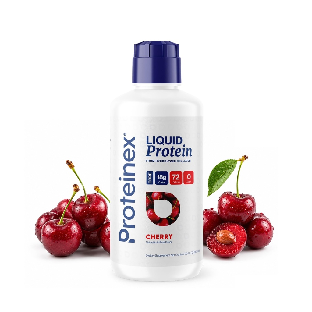 Proteinex Core Liquid Collagen Peptides, 18g Complete Protein | Doctor Recommended | Supports Recovery & Wound Healing | Zero Sugar, Zero Carbs, Ready to Drink | (Cherry, 30 Fl Oz)