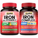 Kadınlar ve Erkekler için Demir Supplement, C, B6, B12 & Folate + Iron Supplement, 65 mg Carbonyl Iron 250 mg Vitamin C C C, B6, B12 & Folate + Iron Supplement, 65 mg Carbonyl Iron