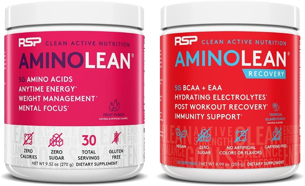 RSP NUTRITION AminoLean Pre Workout Energy (Fruit Punch 30 Hizmet) ile BoltLean Recovery Post Workout Boost (Tropical Island Punch 30 Hizmet)