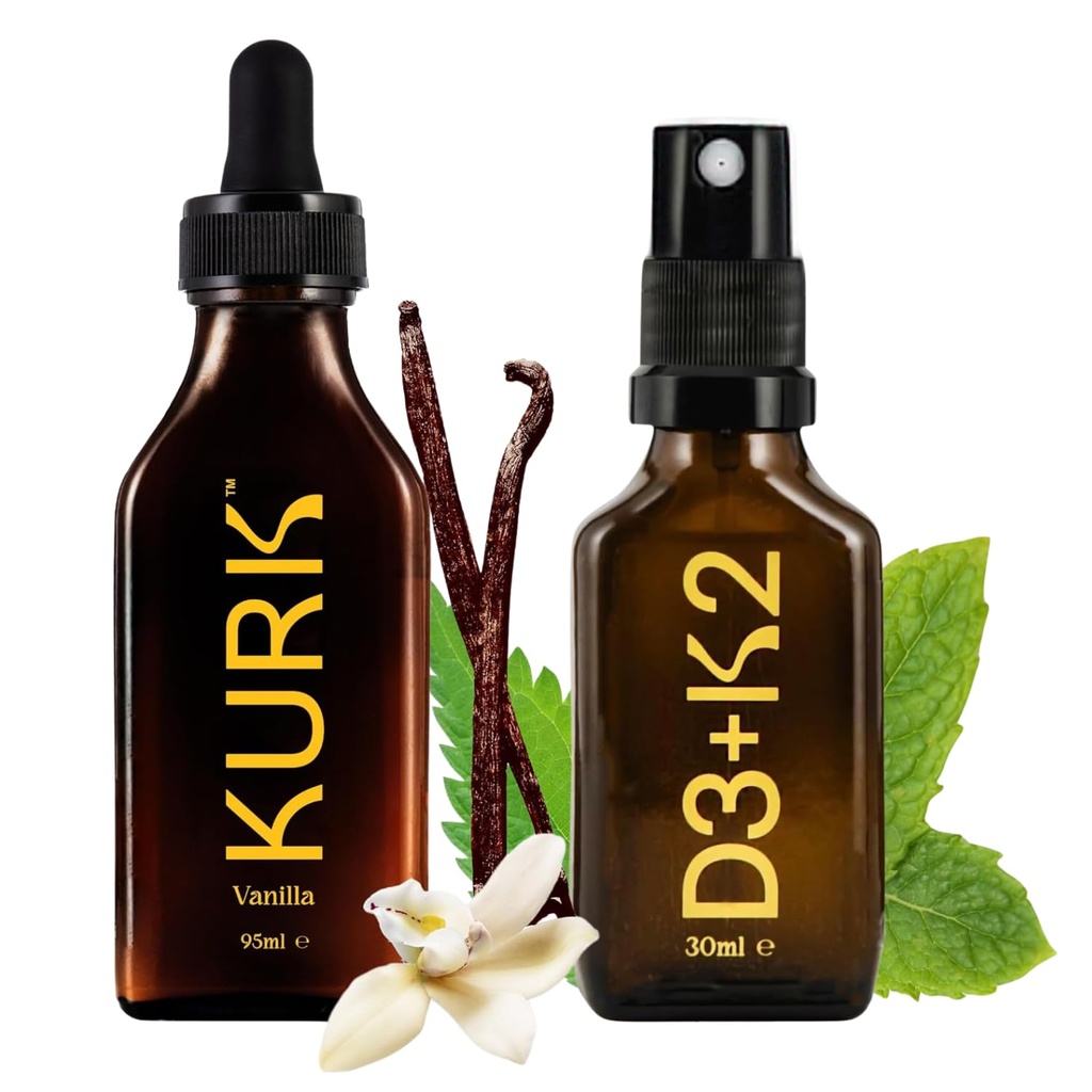 High Strength Liquid Curcumin Oil from Turmeric (Vanilla 3.2 Fl Oz) and Vitamin D3 K2 Oral Spray (Peppermint 1 Fl Oz) Bundle